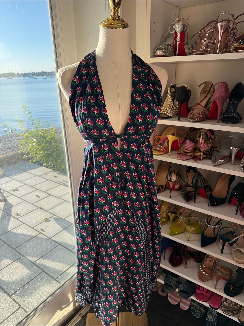 Diane Von Furstenberg Navy Halter Midi Dress with Pink & Green Floral Print
